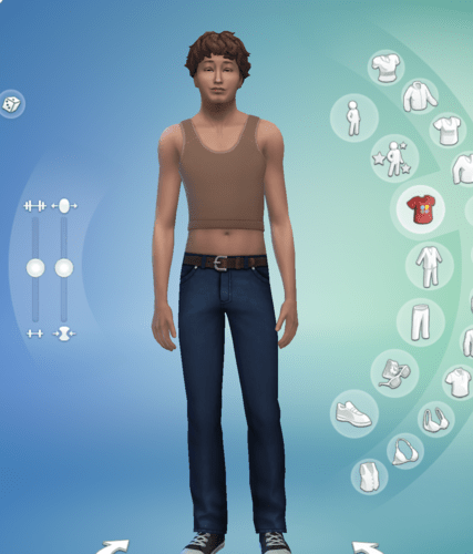 Character creation screen showing a Sim with flat chest wearing a binder.