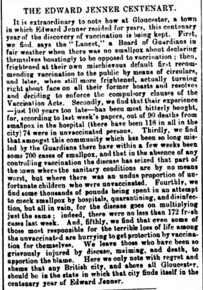 This letter was printed in the Gloucestershire Chronicle on April 11, 1896, just as one of the last big smallpox epidemics in England was ending.