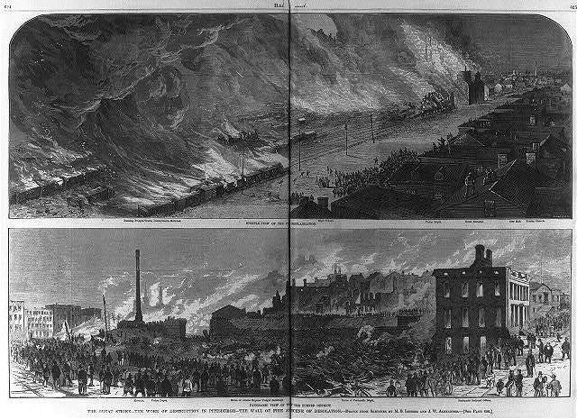 The Great [railroad] Strike [Pittsburgh, Pennsylvania 1877]: Steeple view  of the Pittsburgh conflagration; Panoramic view of the burned district [2  scenes (double page spread) of fire] - LOC's Public Domain Archive Public  Domain Search