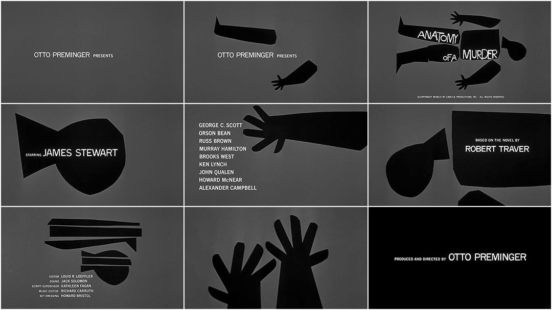 Imagens dos créditos de Anatomy of a Murder, de Otto Preminger. Os créditos mostram os nomes do elenco e dividem espaço com recortes de papel que são versões mais simples, menos detalhadas de partes do corpo. Há destaques para esses pedaços: a cabeça, a mão, uma perna.