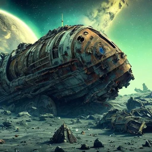space ship wrecks rotting ancient war dead planet de...