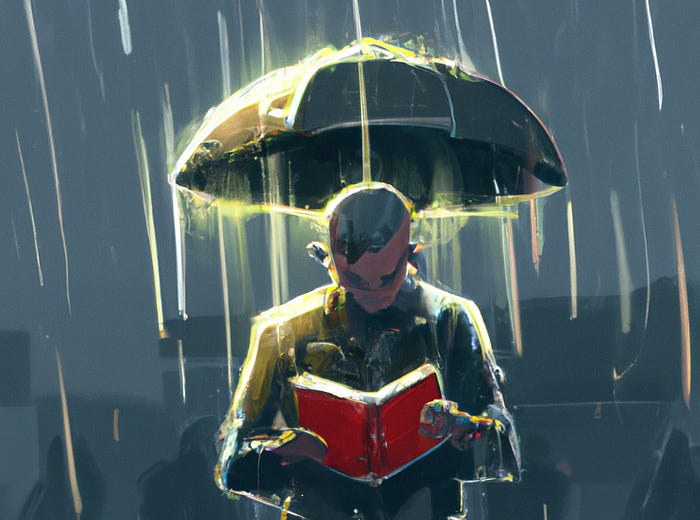 An illustration of a motivated man reading a book in a rainstorm. An illustration of a motivated man reading a book in a rainstorm.