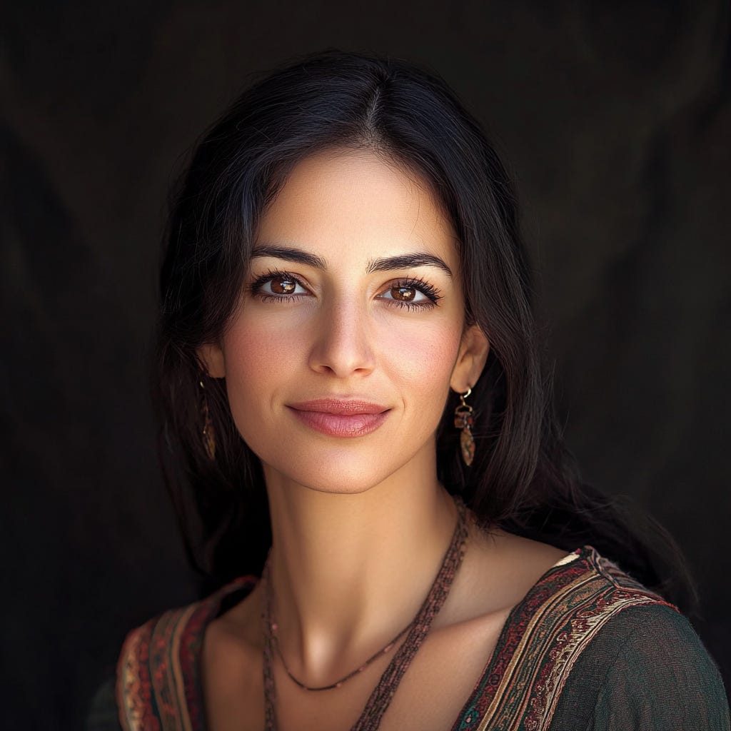 **A reimagined portrait of Liat Portal created using MidJourney, featuring long dark hair, natural makeup, and embroidered earrings, set against a softly lit dark background.**