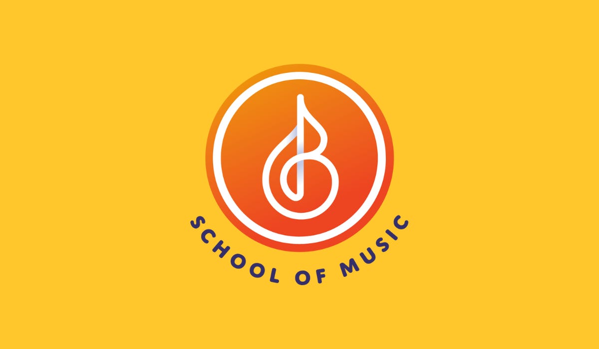 Yellow square with orange circle in the middle and the Bloomingdale School of Music logo