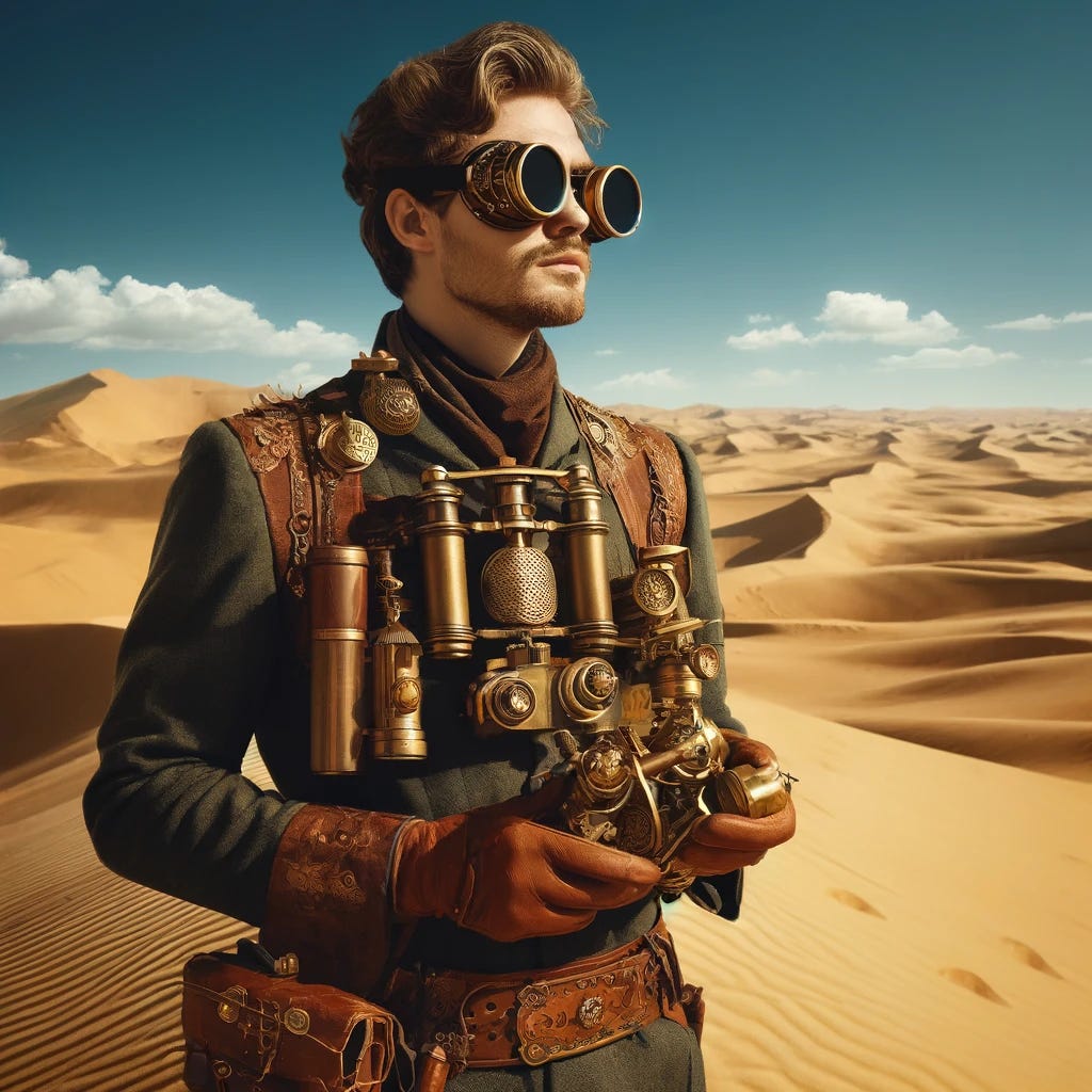 A steampunk scientist in the deserts of northern Africa. The scientist is wearing Victorian-style clothing adapted for desert climates, with lots of brass and leather accessories, including goggles and a utility belt with various gadgets. The background features rolling sand dunes under a bright blue sky. The scientist is holding a brass telescope and looking towards the horizon, embodying a sense of adventure and discovery.