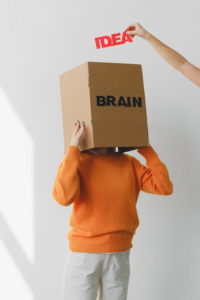 A person in an orange sweater and white trousers stands in front of a white wall. Over their head is a box with BRAIN written on it in black. A hand reached in from the right to drop paper reading IDEA on it in red into the box.