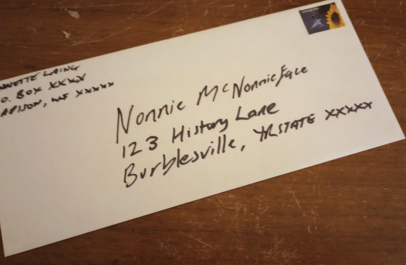 Envelope from Annette addessed to Nonnie McNonnieface