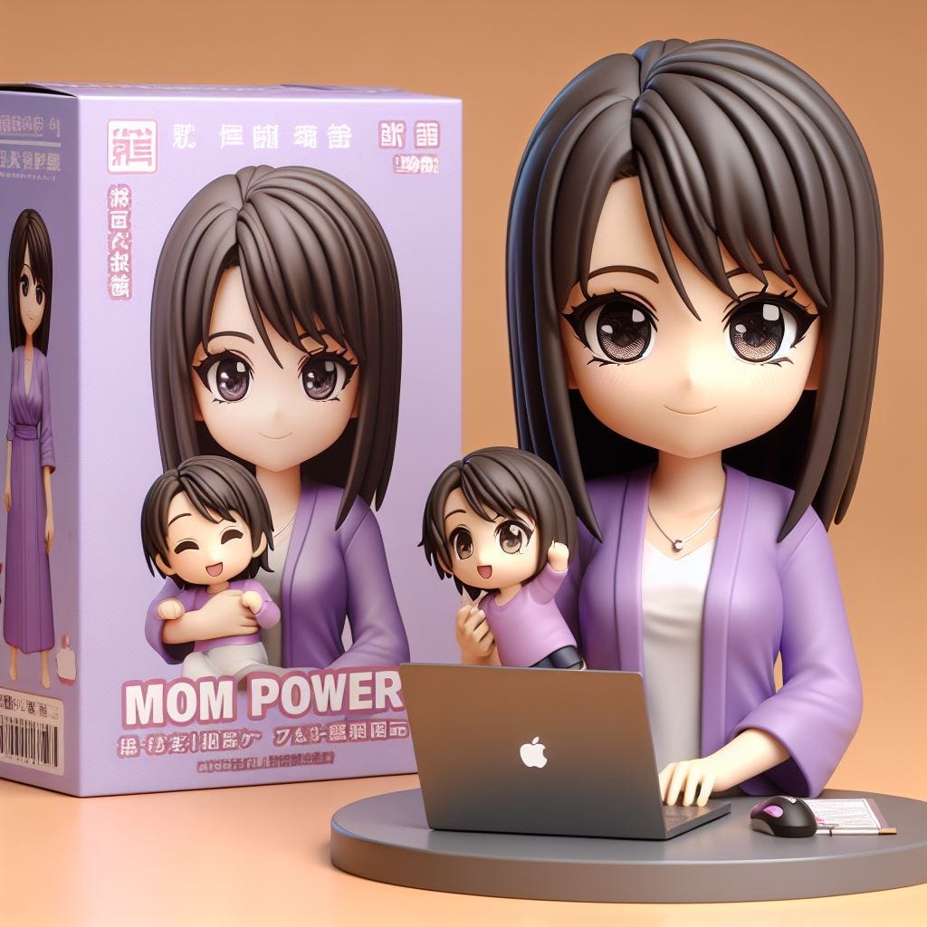 Anime figurine of <a 30 years old chinese woman, smiling, happy,  chinese skin tone, eye color black, almond shape eyes, shoulder length straight hairstyle, wearing a purple dress, looks happy, left hand holding a baby, and using a laptop,. The figurine is displayed inside a box with <mom power> and logo for the box, allowing visibility of the figure, typography, 3D render 