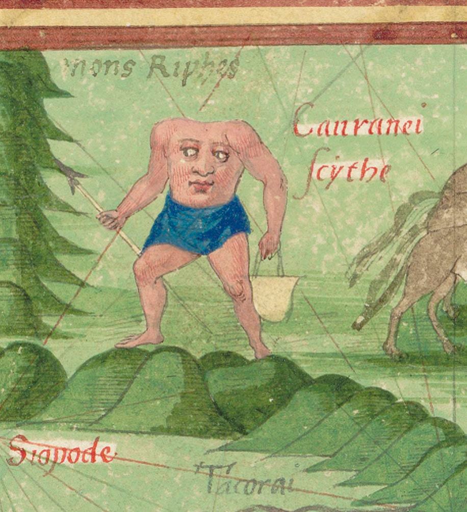 A section of an old map, upon which is  "Blemmye", which is a humanoid creature with no head and a face on its chest and abdomen