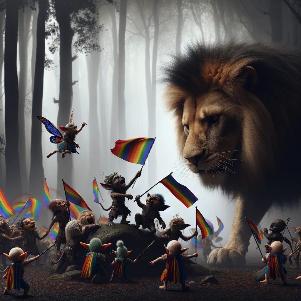 A distressed and saddened lion being violently assaulted by a group of small, colorful pixies holding rainbow flags. The scene is set in a dark and foreboding forest with an ominous atmosphere. The pixies are aggressively attacking the lion, some pulling at its mane with force, while others wave their flags menacingly. The lion's expression is one of pain and sadness, highlighting the violent nature of the scene.