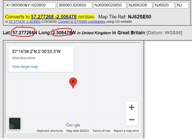 Screenshot of co-ordinate converter showing where to find the lat/long co-ordinates for your map