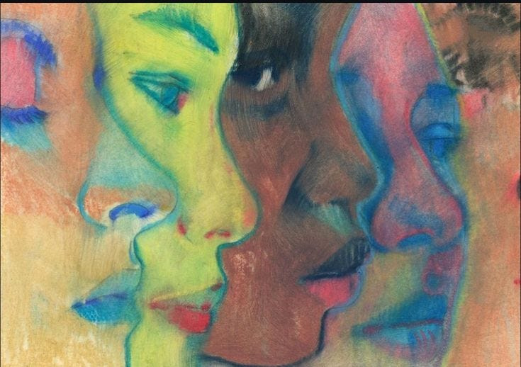 This may contain: three different colored faces are shown in this painting