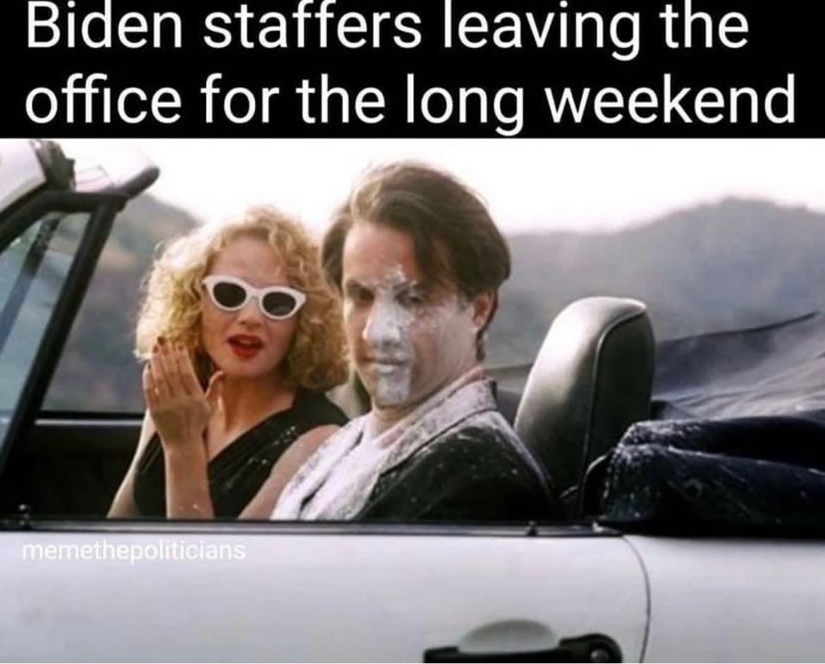 May be an image of 3 people, the Oval Office and text that says 'Biden staffers leaving the office for the long weekend memethepoliticians'
