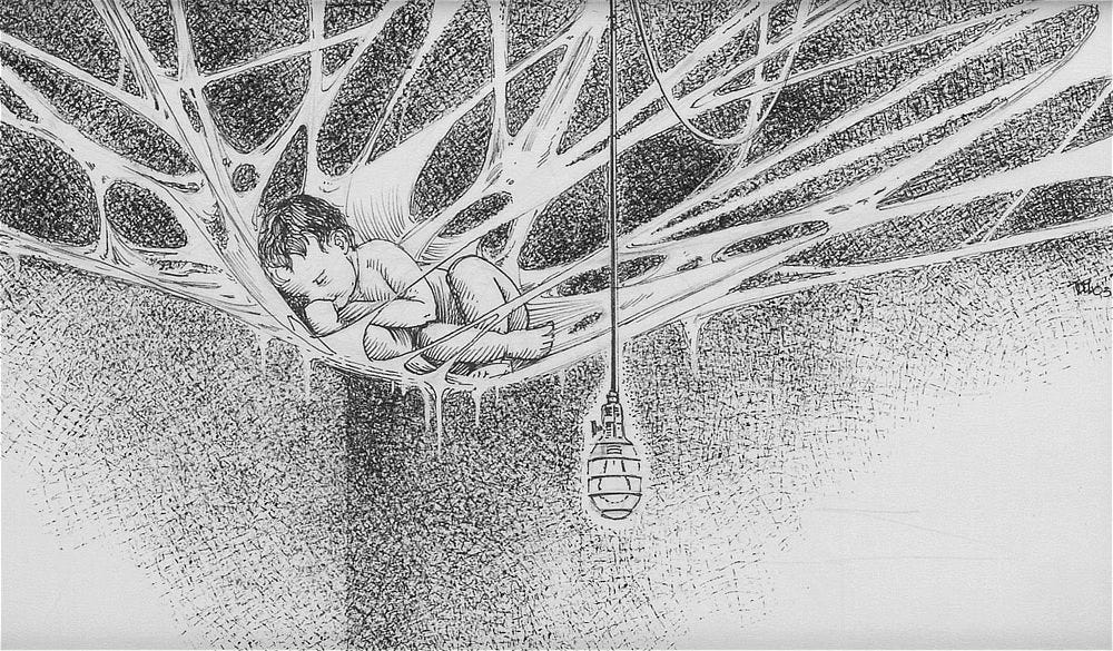 Hanging from the ceiling by a patchwork of spider webs, a baby curls arms and legs to him  as he seeks slumber high out of the reach of predators. A single caged light bulb hangs from the ceiling.