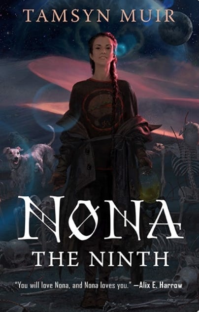 The cover of Nona the Ninth by Tamsyn Muir. It features a smiling young woman with light brown skin and dark hair worn in two plaits. She is surrounded by skeletons and a living dog. The dominant colours of the image are black, pink and purple. The title text is white.
