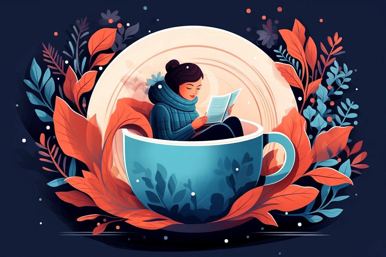 An illustration of a woman sitting in a blue tea mug. She is wearing a blue sweater and a blue scarf and reading a book. Around the tea mug are red and blue leaves and small specks of white snow. The background is a deep navy blue with a cream-pink colored circle directly behind the woman and tea mug.
