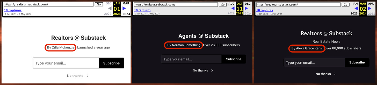 screenshots of 3 different wayback machine captures of "Realtors @ Substack", showing three different authors names: Zilla McKenzie, Norman Something, and Alexa Grace Kern