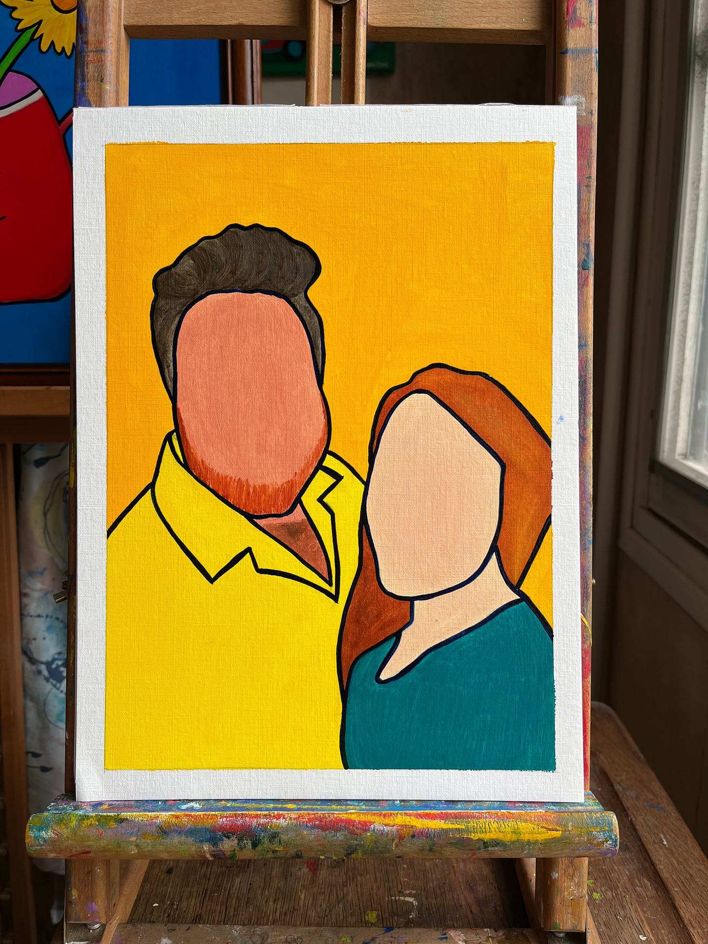 An oil painting of a faceless couple