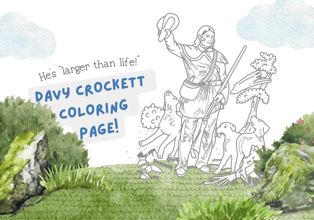 This featured image shows a picture of a Davy Crockett coloring page!