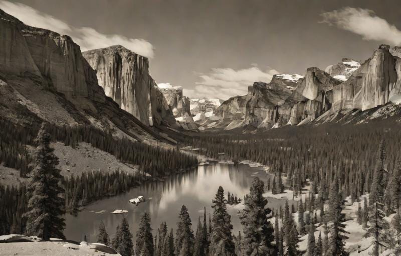 ansel adams style scenic vista, 16:9 format, black and white