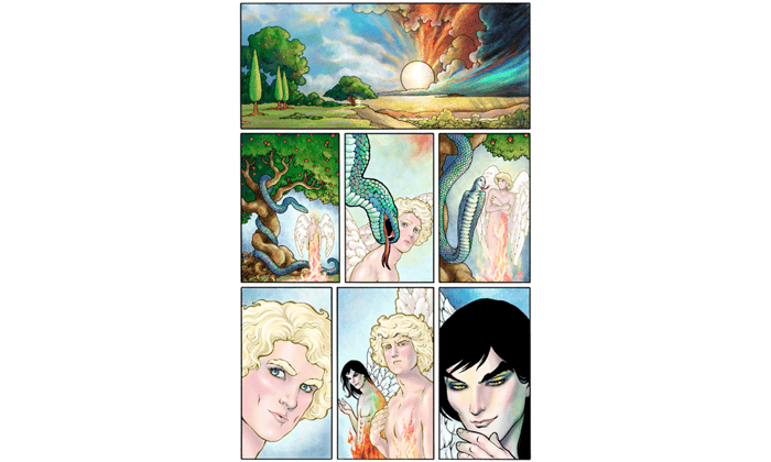 Page 2 of the Good Omens graphic novel, painted.