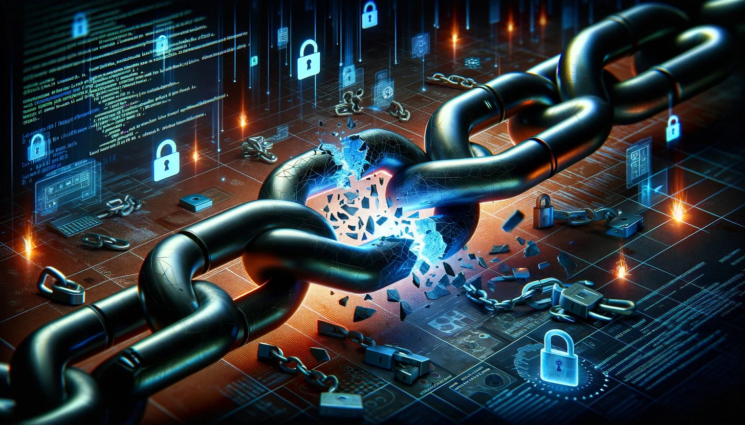 Create an image that symbolizes a broken chain in cybersecurity. The image should visually communicate a security breach or vulnerability, with a strong chain made of digital links and one of the links visibly broken or shattered. Around the broken link, there could be digital code and cyber elements like padlocks and firewalls, some of which are compromised. The overall scene should convey the idea that a single vulnerability can undermine the integrity of an entire system, emphasizing the need for comprehensive security measures in the digital realm.
