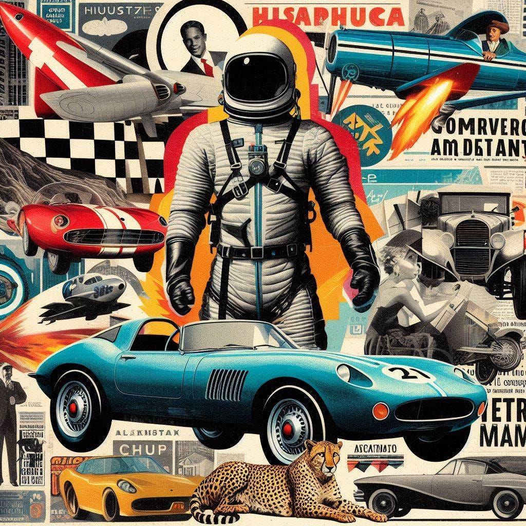 a collage style artwork of cars, retro rocket man, planes, cheetahs, sprinters and other fast moving things from magazines and newspapers