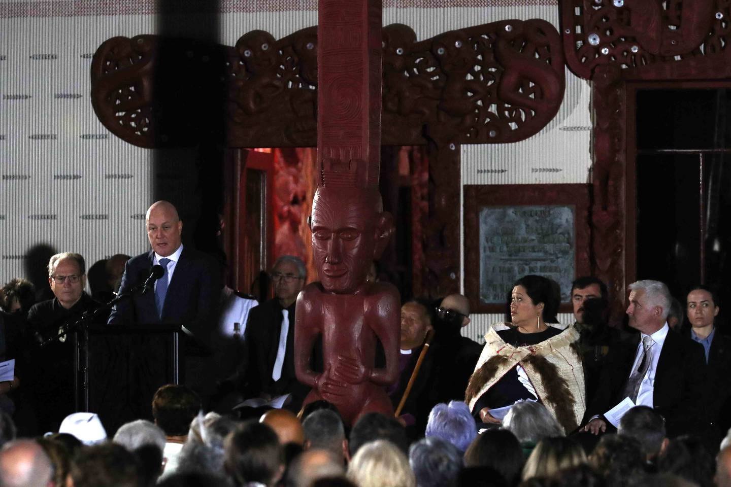 Prime Minister Christopher Luxon addresses the crowd at the Waitangi Day dawn ceremony. Photo / Michael Cunningham