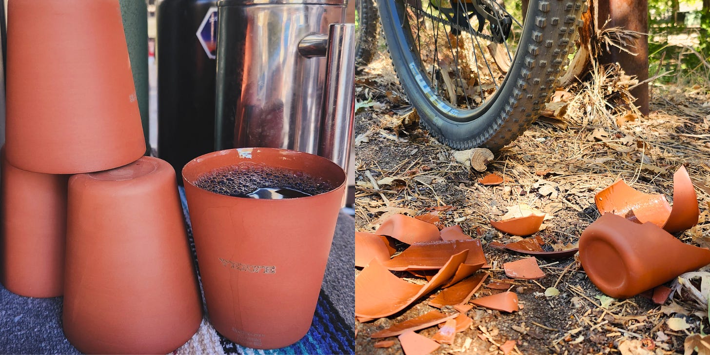 Left: Terracotta colored clay cups are stacked upside down to the left of frame and right-side-up one is filled with coffee in front of a silver French press pot on the right. Right: A broken clay cup is strewn in the dirt and leaves on a trail under a wide Mountain bike wheel.