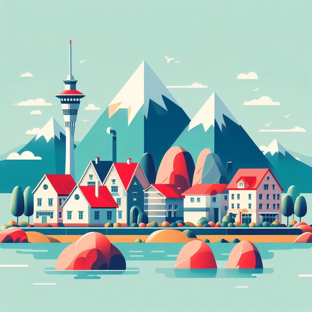 flat illustration of new zealand with houses on top