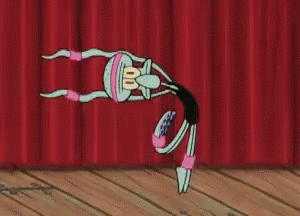 A gif of Squidward looking glum and doing a ballet bourré as his tentacles, each one wears a legwarmer, trail behind. 
