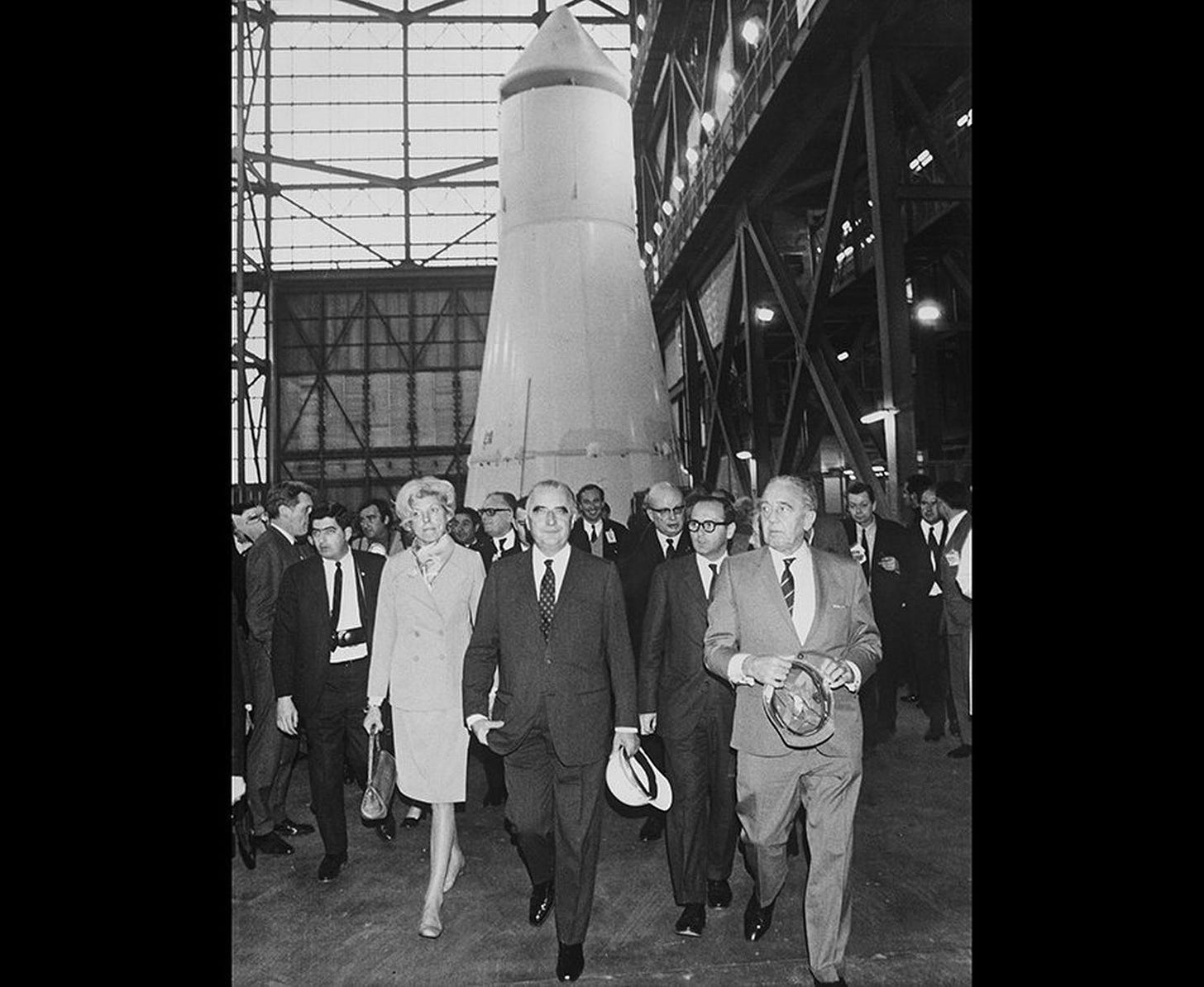 Former Nazi scientist Kurt Debus gives a tour of the Florida Space Centre to French President Georges Pompidou
