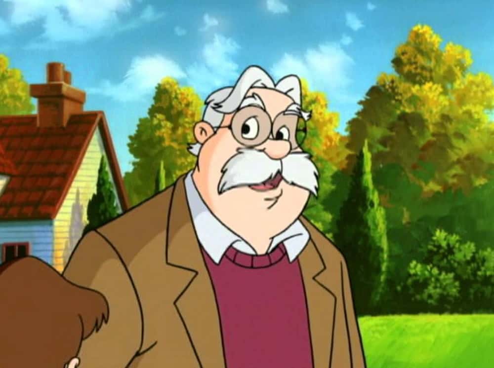 a cartoon drawing of a white man with white hair and a white mustach and glasses