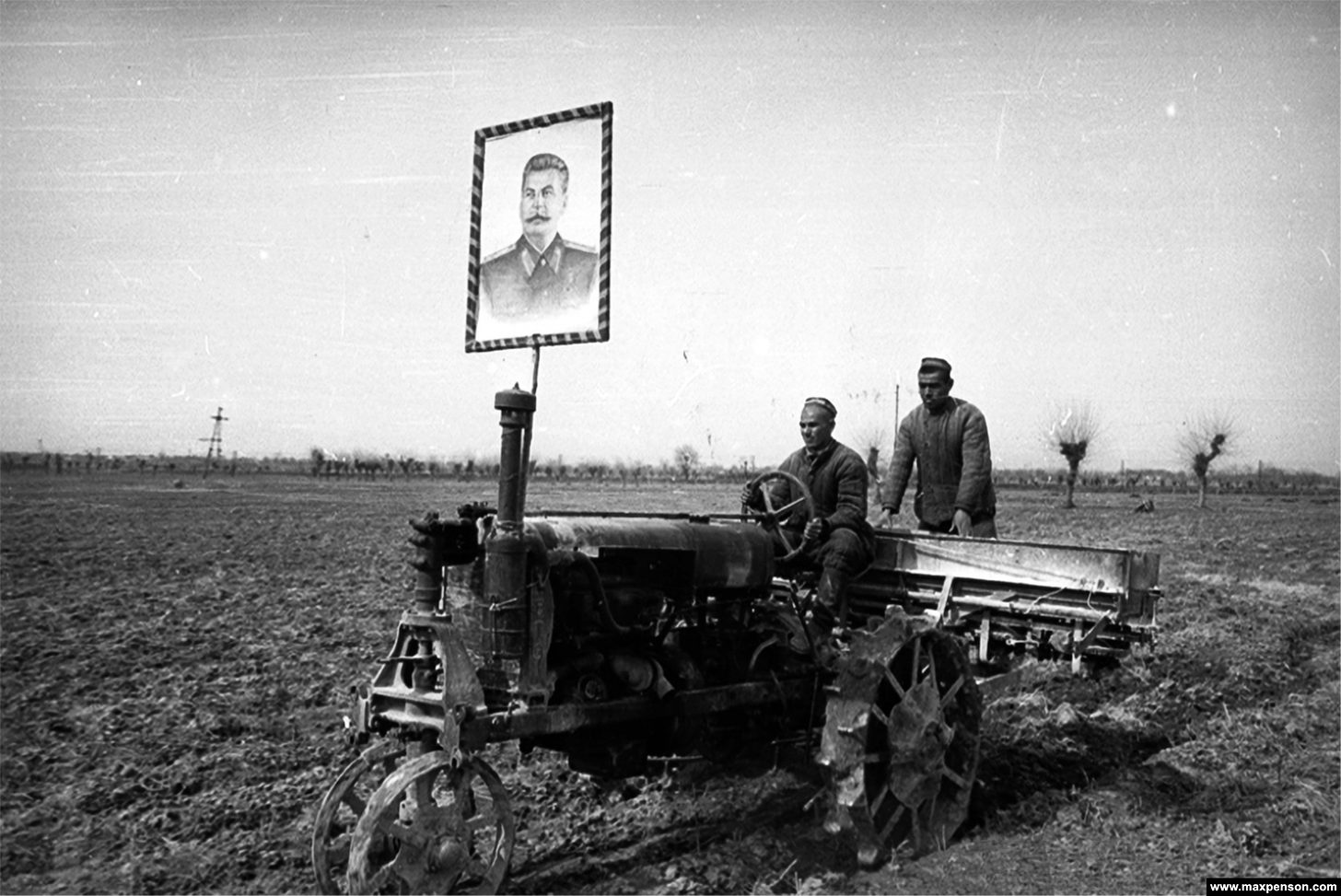 A portrait of Stalin oversees work on a collective farm. In 1948, as Stalin&#39;s anti-Jewish purges intensified, Penson was fired from Pravda Vostoka.