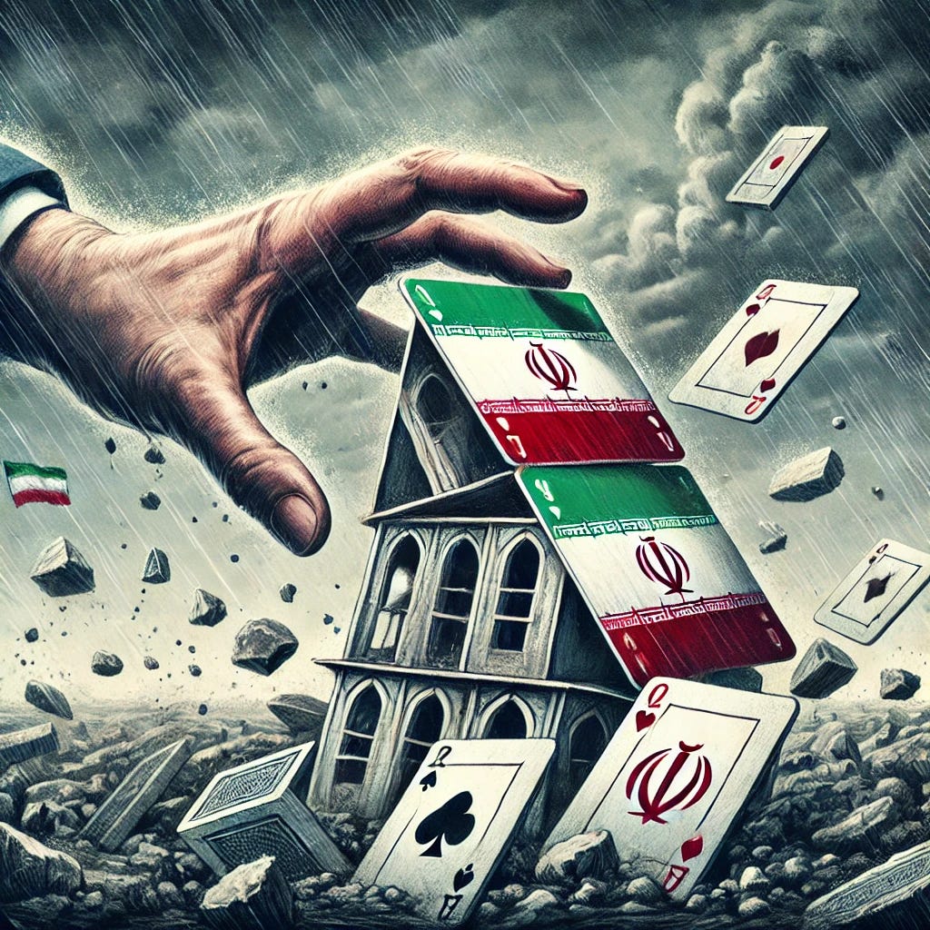 An illustration depicting a hand reaching out to salvage a collapsing house of cards, clearly designed to resemble a house of cards. The cards prominently feature the current Iranian flag. The background shows a chaotic and unstable environment with stormy skies and crumbling elements to symbolize the fragility of power. The colors are muted and somber to emphasize the seriousness of the situation.