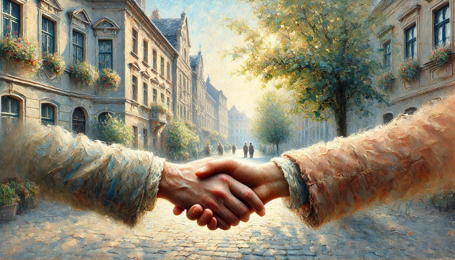 An impressionistic oil painting inspired by Fritz Syberg's style, depicting a close-up of a handshake between two individuals in a serene outdoor setting. The hands, detailed yet softly rendered, symbolize trust and agreement, bathed in soft, dappled sunlight. The background features old European buildings with weathered facades, flower boxes, and cobblestone streets, blending harmoniously with leafy trees and open sky. The gentle pastel-like color palette includes muted greens, soft blues, warm creams, and delicate touches of pink and beige, capturing the essence of a peaceful, sunny day. The composition emphasizes harmony, trust, and timeless connection in a wide aspect.