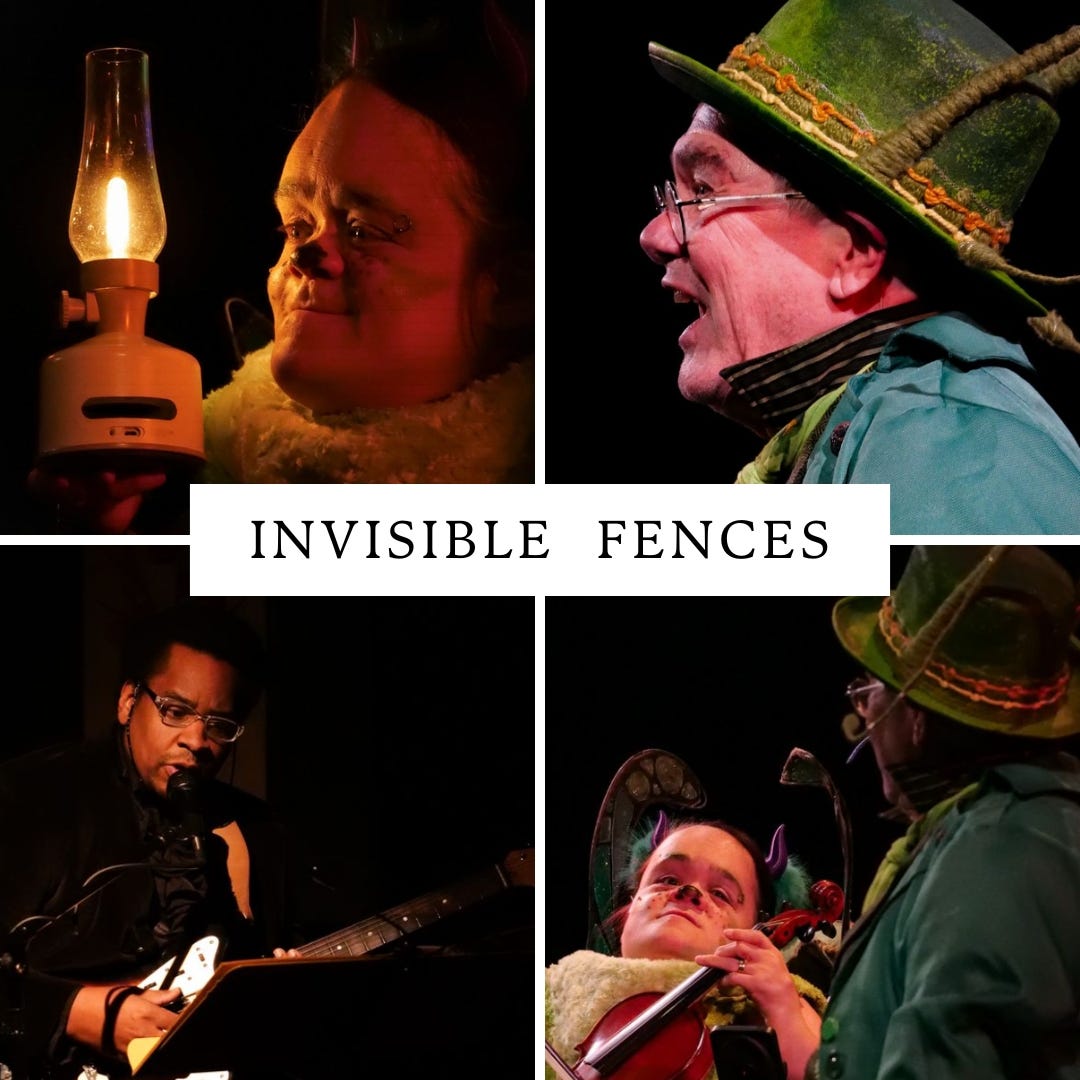 This is a collage of pictures from Invisible Fences: Top Left, Gaelynn Lea is dressed as a green platypus and is smiling and holding a lantern. Top Right, Kevin Kling is dressed as a grasshopper in a green top hat. Bottom left, George Ellsworth is dressed in all black and he’s speaking into a microphone as the narrator. He’s holding an electric guitar. Bottom right, Gaelynn is playing her violin and looking at Kevin