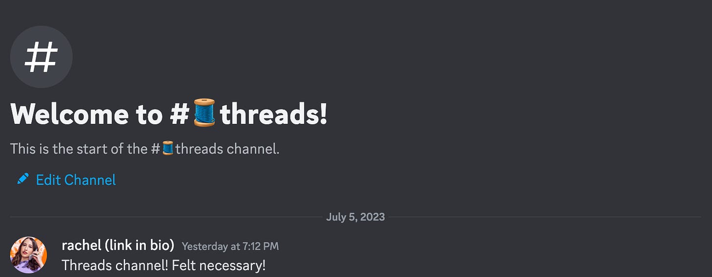 Discord screenshot of the "Threads" channel.