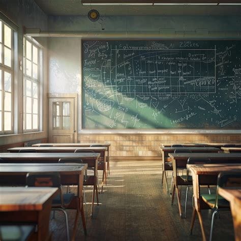 Sunlit Traditional Classroom with Desks and Chalkboard | Premium AI ...
