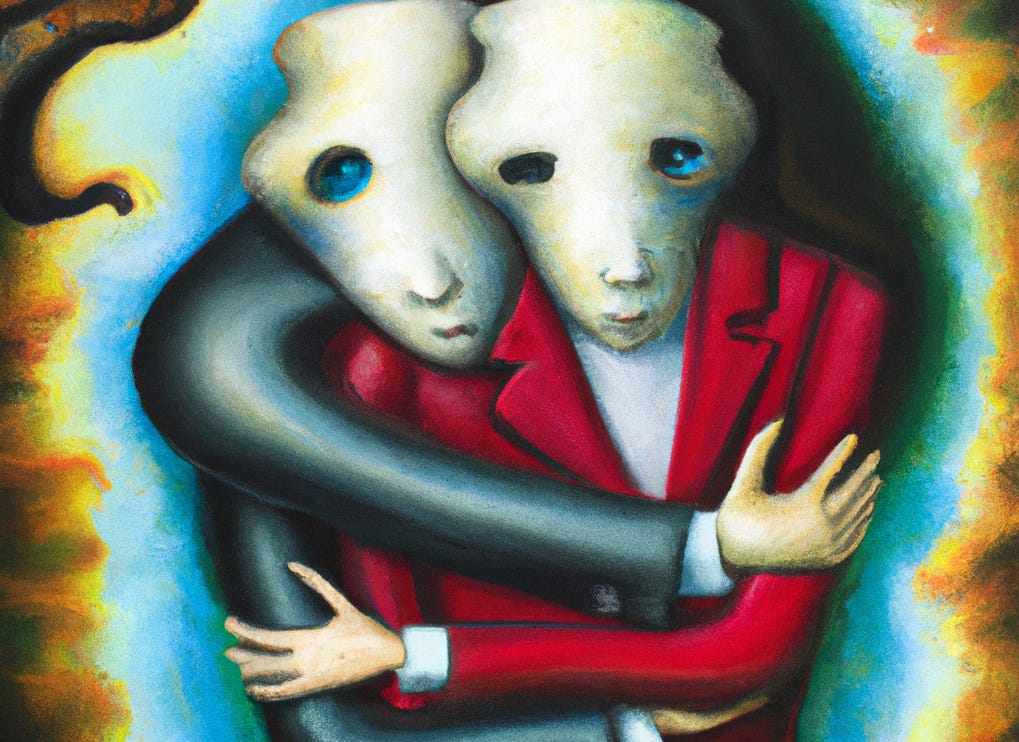 surrealist painting of a man and woman hugging via Dall-E