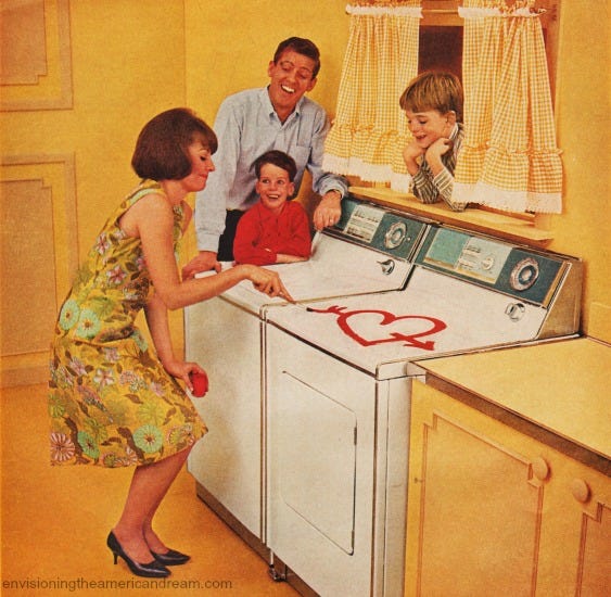 vintage housewife and family in laundry room 