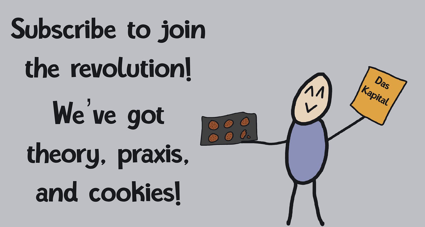 Happy person holding a tray of cookies and Das Kapital by Karl Marx