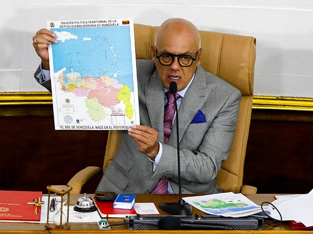 Venezuela's National Assembly President Jorge Rodriguez shows the new map of Venezuela with the accession of Guyana Essequiba during a session at the National Assembly in Caracas on December 6, 2023. Guyana and Venezuela agreed Wednesday to "keep the communication channels open" in a fast-worsening feud over a disputed, oil-rich …