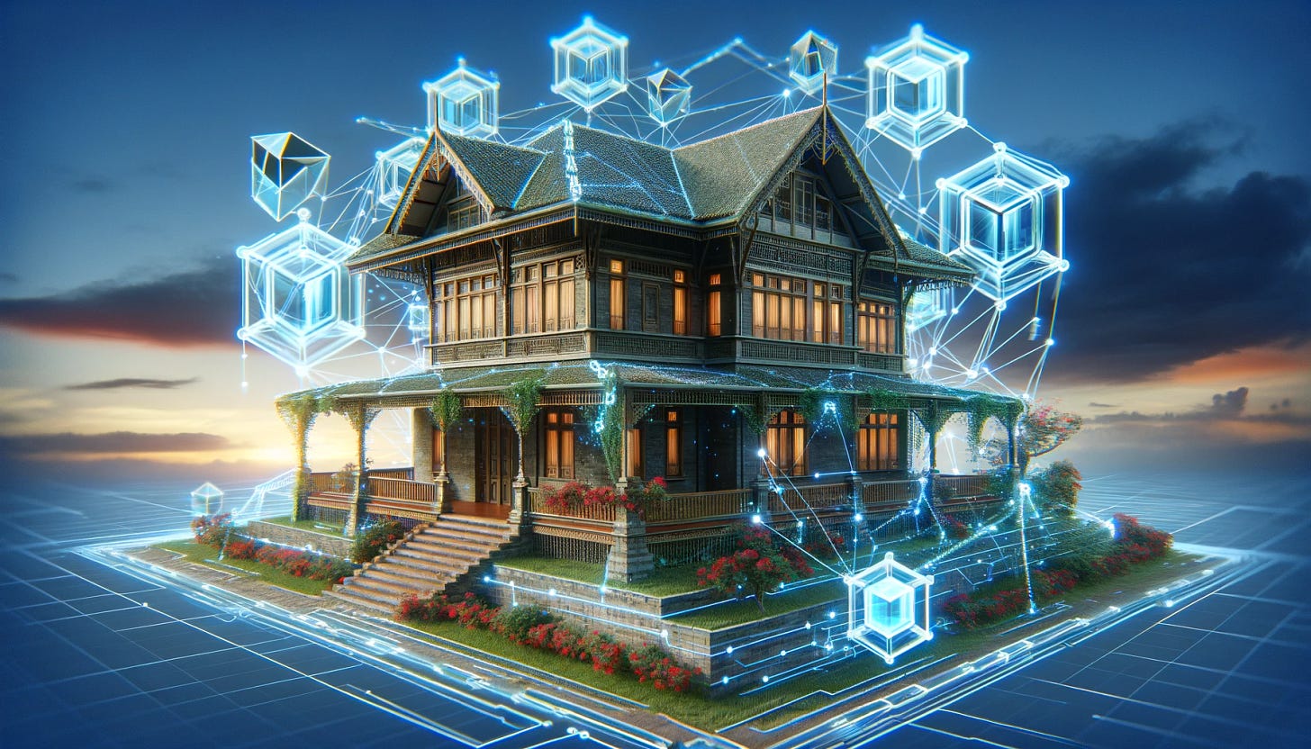 Visualize a traditional house or commercial building, integrating digital, blockchain elements into the scene. Imagine the structure enveloped by a digital mesh or interconnected with blockchain links, symbolizing blocks connected by chains. The aesthetic should blend the physical and digital worlds, showcasing how blockchain technology can overlay or interact with traditional architecture. This should not just highlight the technological aspect but also how it seamlessly integrates with everyday structures, creating a harmonious blend of the old and the new.
