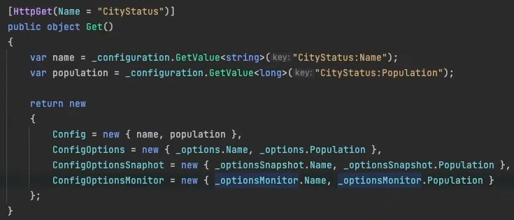 City Status endpoint with OptionsSnapshot and OptionsMonitor