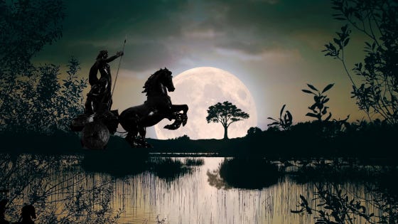 The full moon rises over a shadowy marsh. In silhouette--a proud figure driving a chariot.