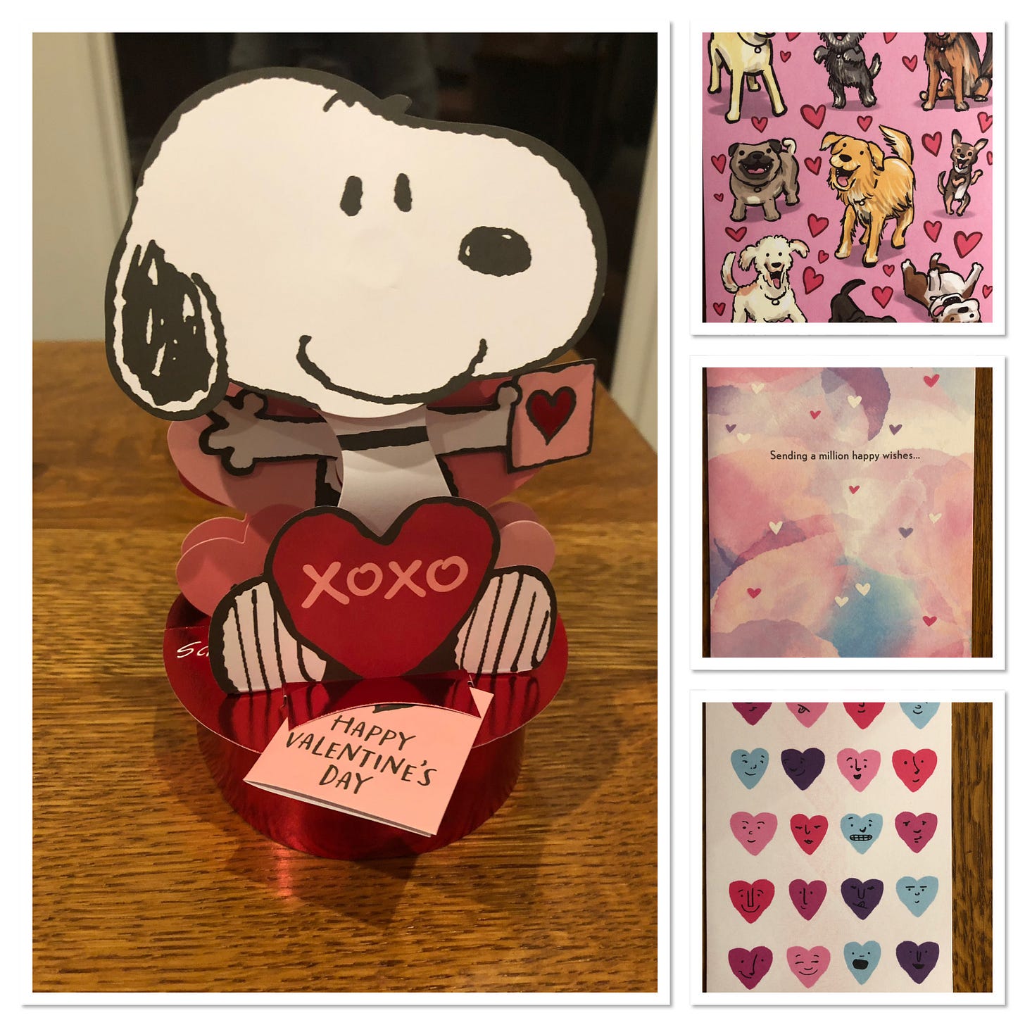 Four Valentine’s Day cards: Snoopy, small various colored hearts with different facial expressions, a colorful wash of pink and blue paints, and a collections of cartoon dogs. 