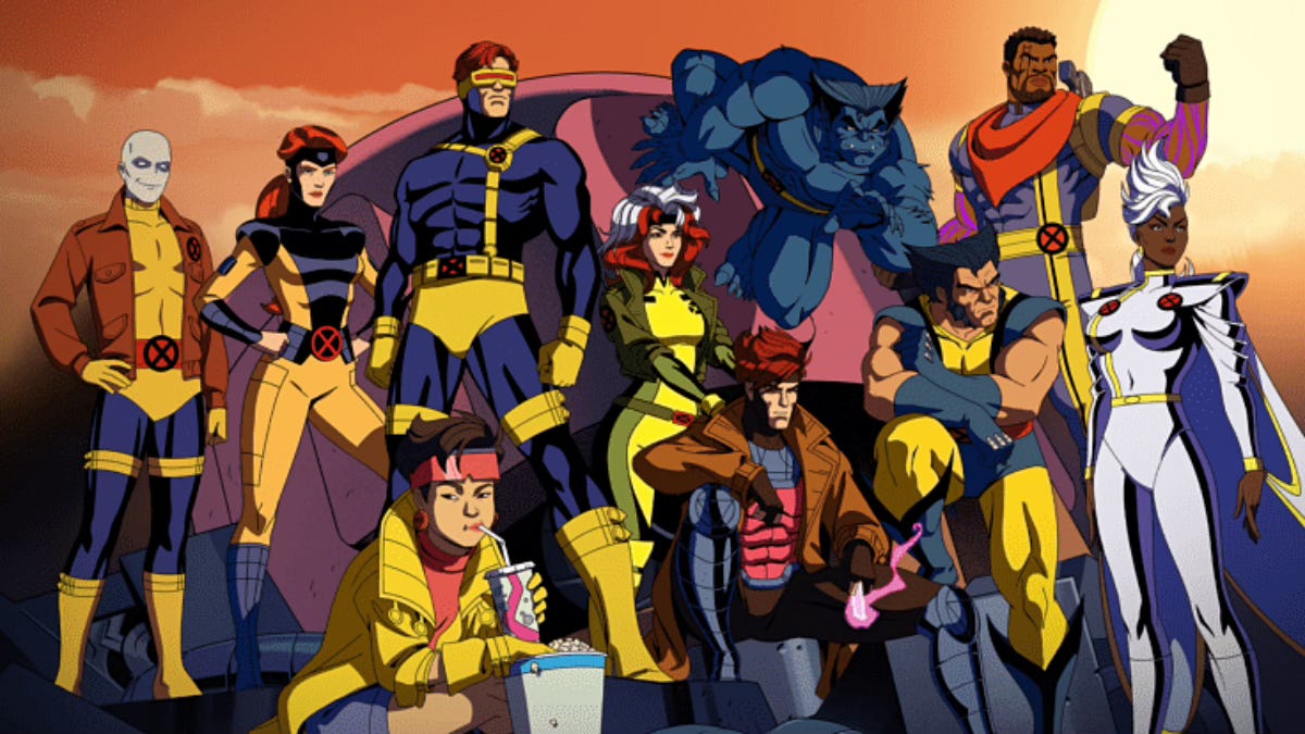 Cast shot of the team from X-Men 97: Morph, Jean Grey, Cyclops, Rogue, Beast, Bishop, Storm, Wolverine, Gambit, and Jubilee