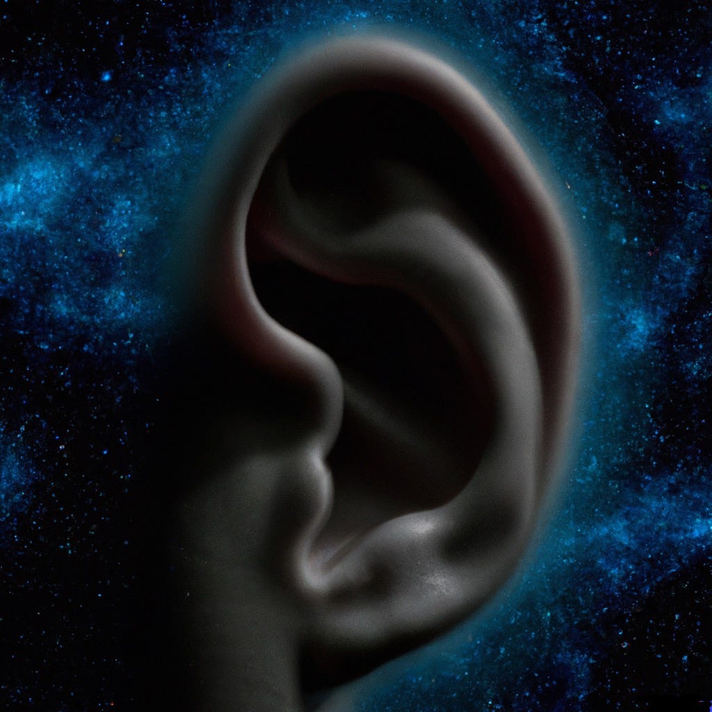 A human ear on a background image of outer space