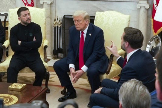 Vice President JD Vance, right, speaks with Ukrainian President Volodymyr Zelenskyy, left, as President Donald Trump listens in the Oval Office [Mystyslav Chernov/AP Photo]